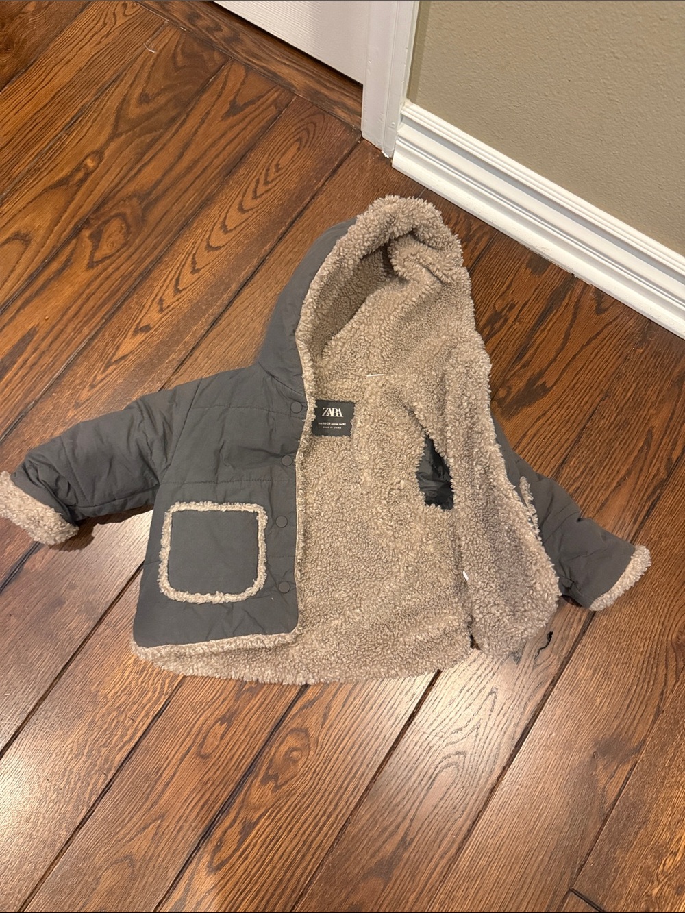 Zara Kids Gray Puffer Jacket with Cream Sherpa Lining